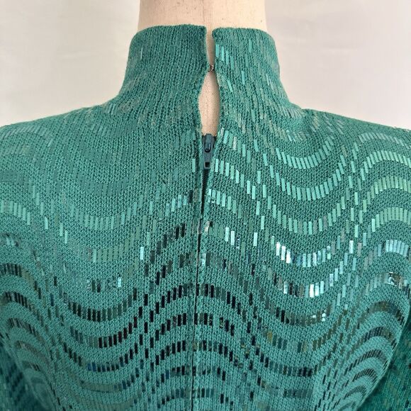 ST. JOHN Metallic Waves Paillette Santana Knit Dress 6/8 Sequins Turquoise - Picture 7 of 10